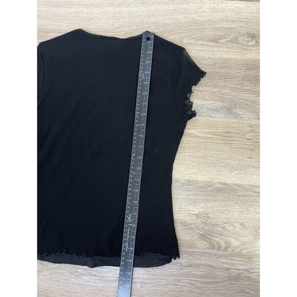 Vtg Y2k Top Small Black Pink Mesh Lettuce Hem Floral Embroidered Fairy Made USA - Picture 9 of 9